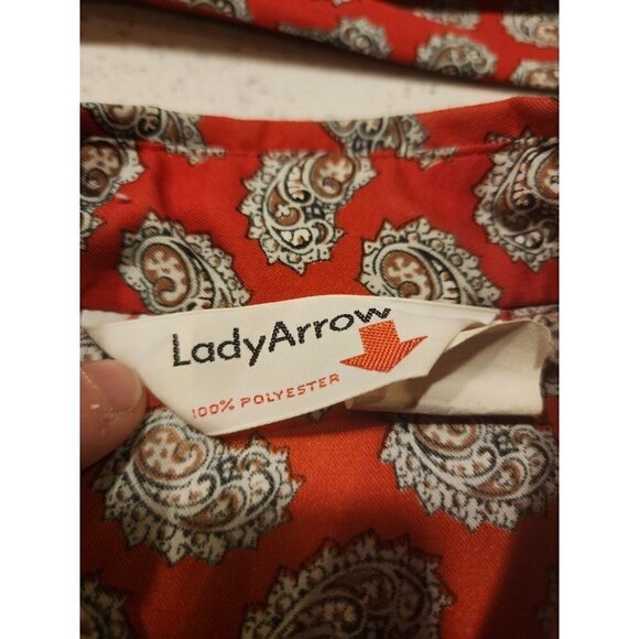 Lady Arrow Blouse Shirt Top Small Scarf Long Sleeve Button Front Red Paisley - Picture 2 of 6